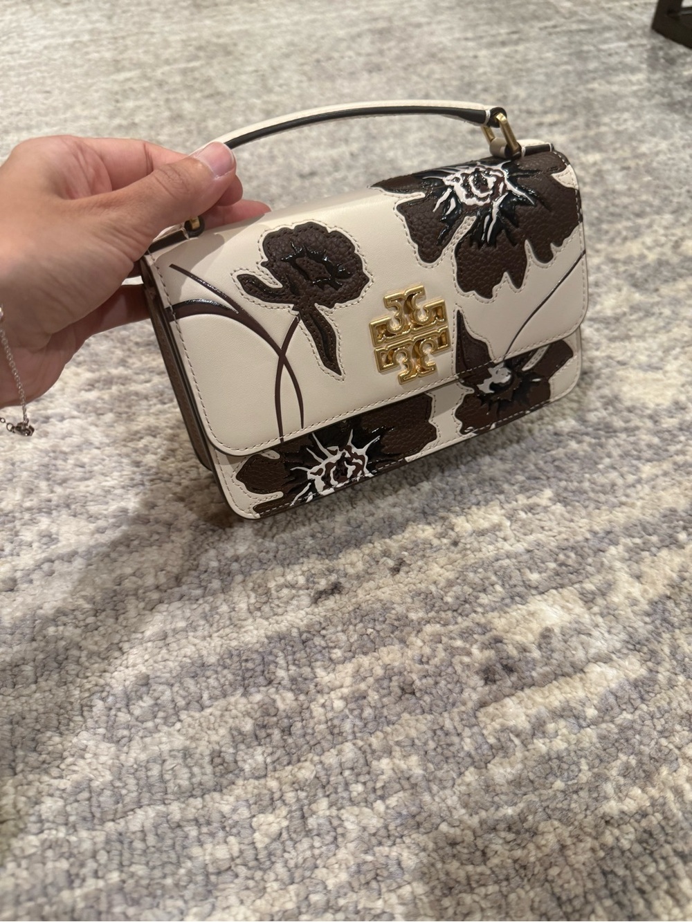 Tory Burch Ivory & Brown Floral Top-Handle Shoulder Bag